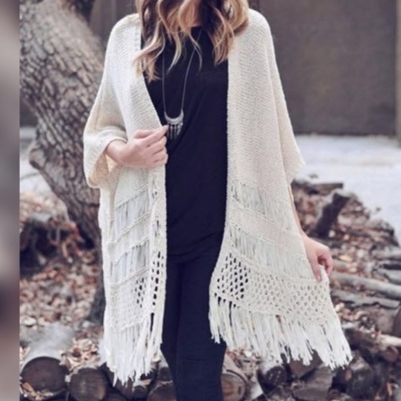 Smell the Roses Sweaters - LAST 1! Ivory Knit Fringe Designed Cardigan